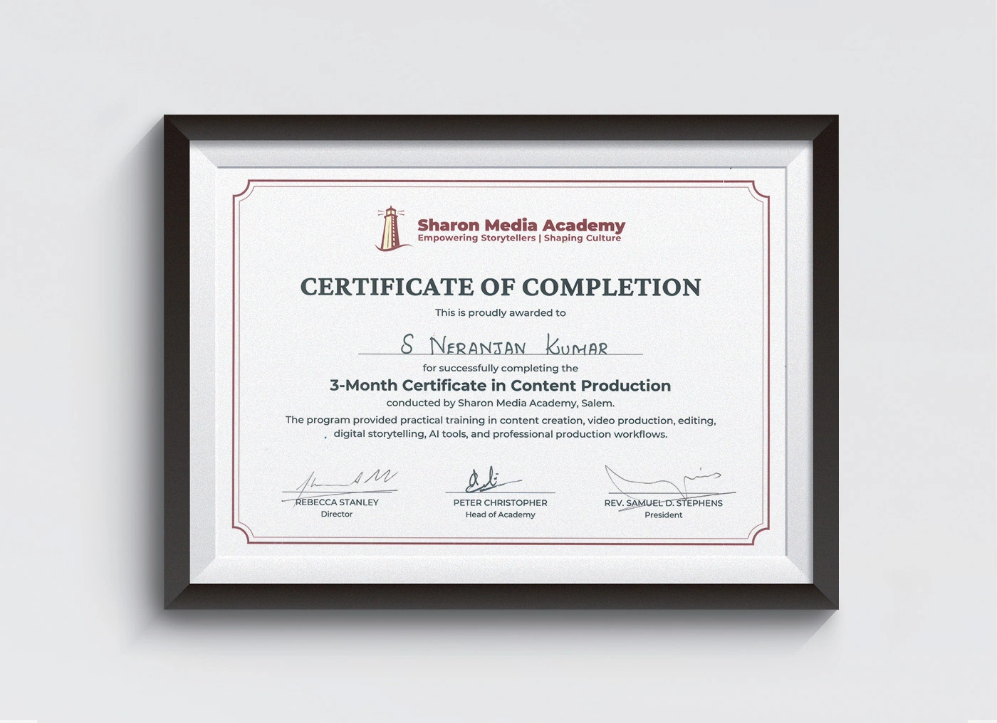 Content Creation and Media Production Certificate awarded to Neranjan Kumar for completing professional training in photography, videography, video editing, AI tools, and digital storytelling.