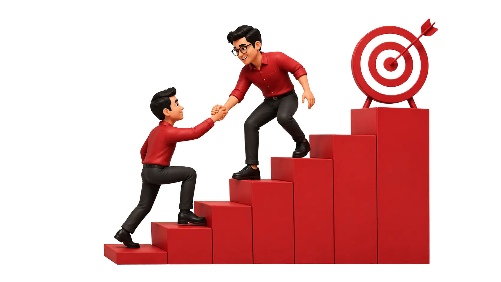 3D illustration of a creative professional helping a business owner climb steps toward success, symbolizing business growth, mentorship, branding, and digital marketing services.