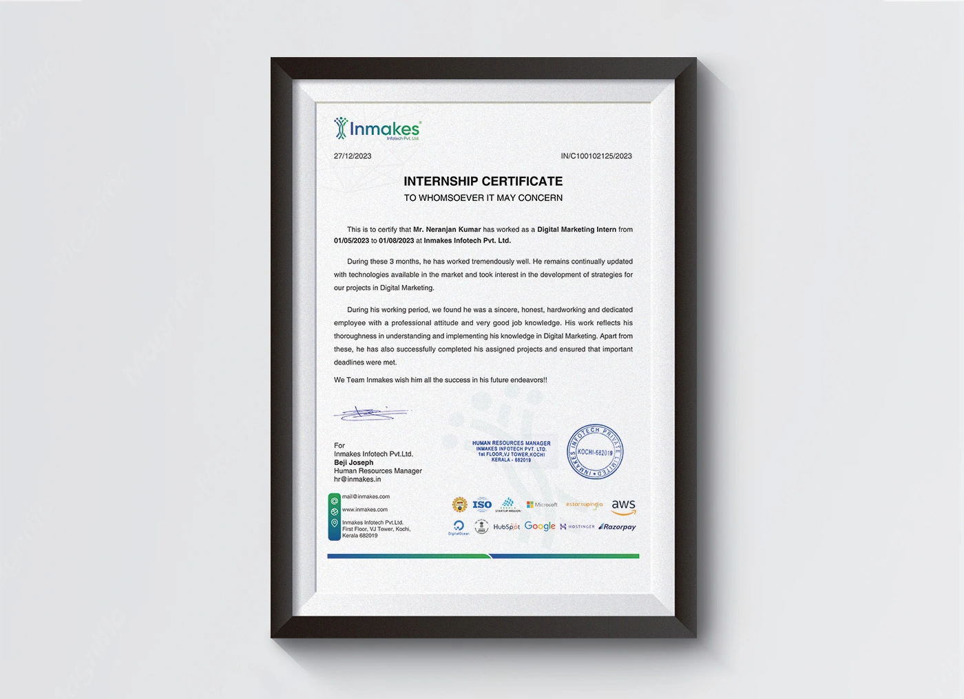 Digital Marketing Internship Certificate awarded to Neranjan Kumar for completing professional internship training in SEO, digital marketing strategies, and online marketing.