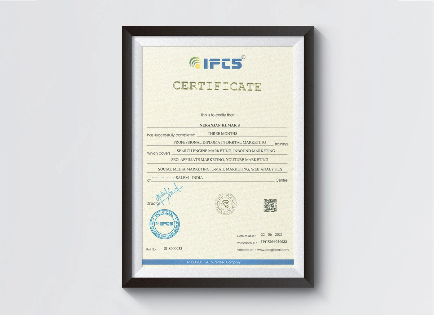 Professional Digital Marketing Certificate awarded to Neranjan Kumar covering SEO, social media marketing, search engine marketing, email marketing, and web analytics.