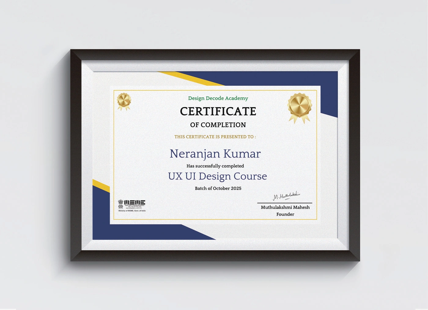 UI UX Design Course Certificate awarded to Neranjan Kumar for successfully completing a professional UX/UI design course in user interface and user experience design.